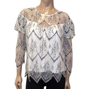 Highline Collective Gothic Lace Blouse Sheer Illusion Tiered Ruffled Vamp Mesh